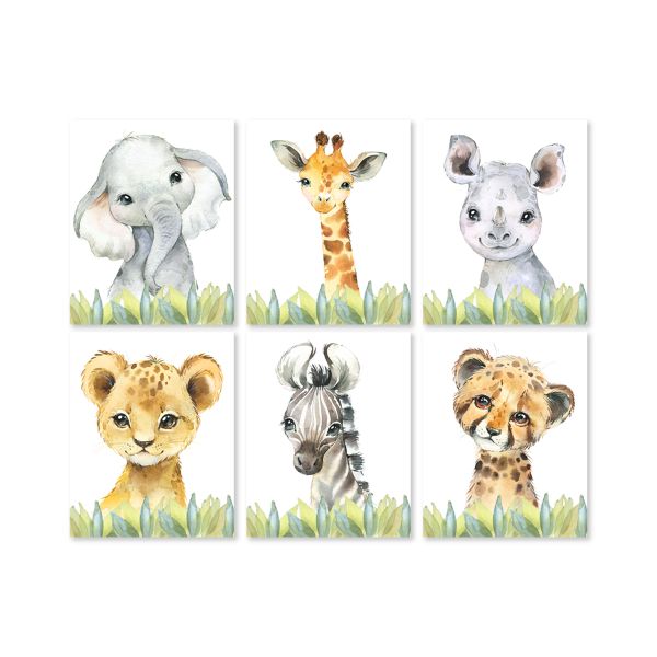 Nursery Wall Art - Plain Baby Animals - Set of 6x A3