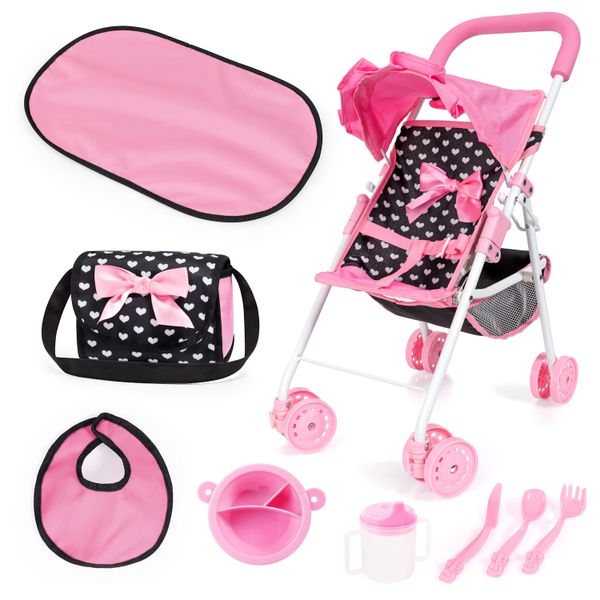 Bayer Buggy Dolls Toy Pram Set (Black/Pink) Hearts (52cm Tall)