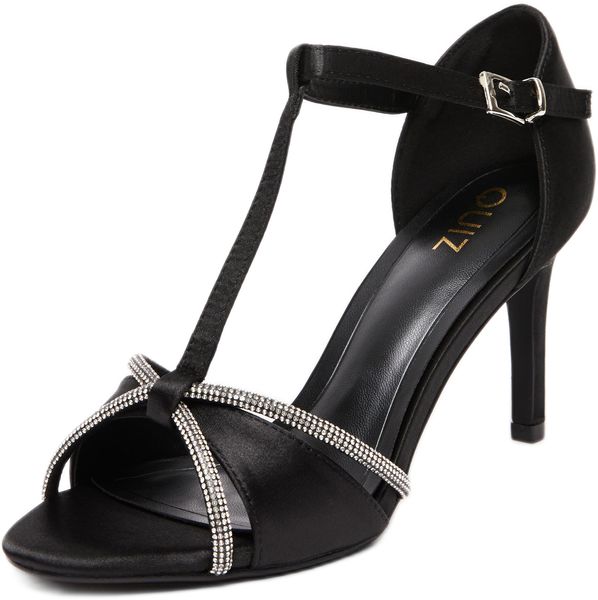 Quiz - Women Black Satin Diamante T-Bar Heels