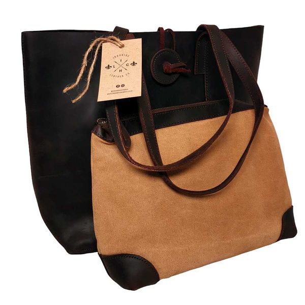 Vestal Ladies Genuine Full Grain Leather Tote Bag &amp; Canvas Satchel Combo
