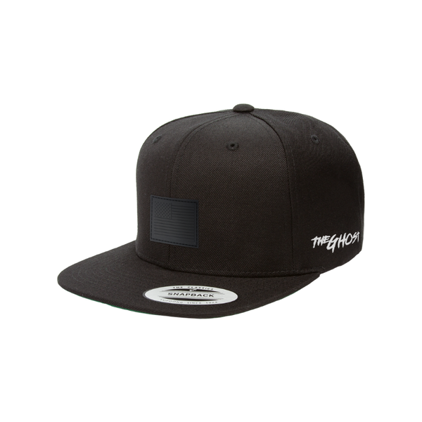 The Ghost Black Flat Peak Adjustable Cap With Black USA Rubber Badge