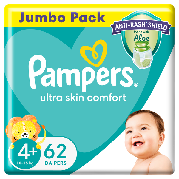 Pampers Anti-Rash Shield Taped Size 4+ (10-15 kg), 62 Nappies