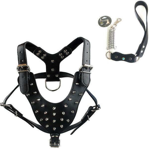 Studded Black Leather Dog Harness + Leather Dog Leash With Spring Shock