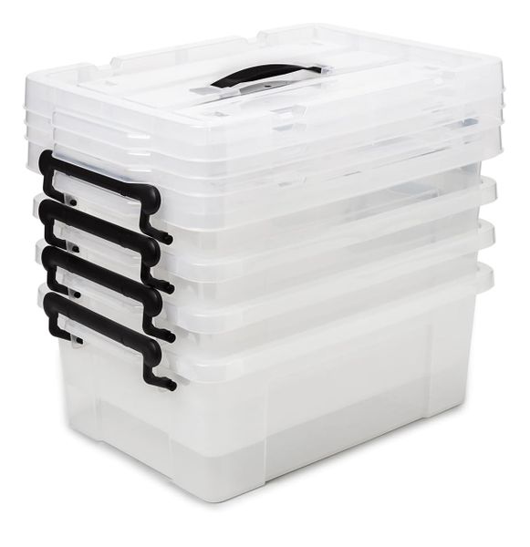 4 X 14 Ltr Clear Stackable Plastic Storage Bins with Top &amp; Handle