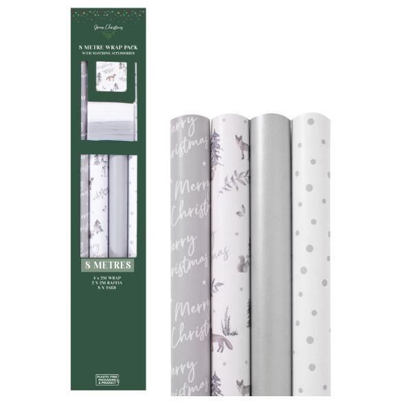 Christmas Gift Wrap Bulk Pack Silver - 4 Rolls (2m each), Raffia &amp; Tags