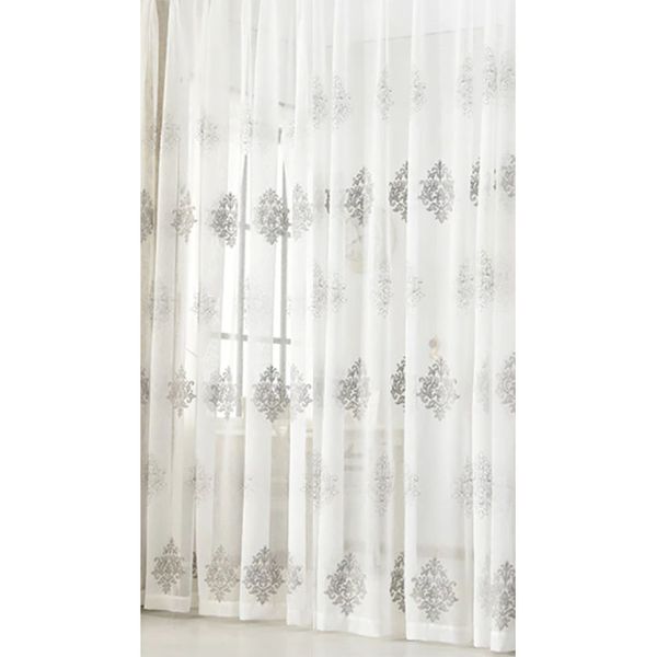 Matoc Designs Readymade Curtain -Embroidered Voile -Damask Grey -Taped