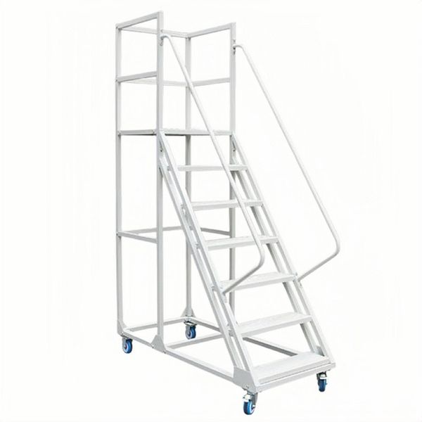 Steel 7 Step Mobile Rolling Safety Ladder with Wheels - Light Grey