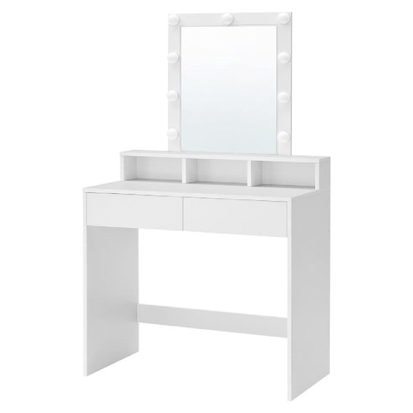 Dressing Table with Mirror, LED Bulbs &amp; Storage - Elegant Beauty Desk