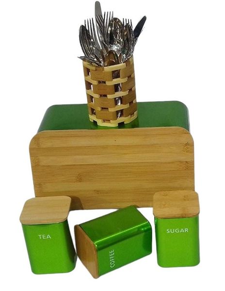 Bread Bin Storage and Utensils Set With Bamboo Lid