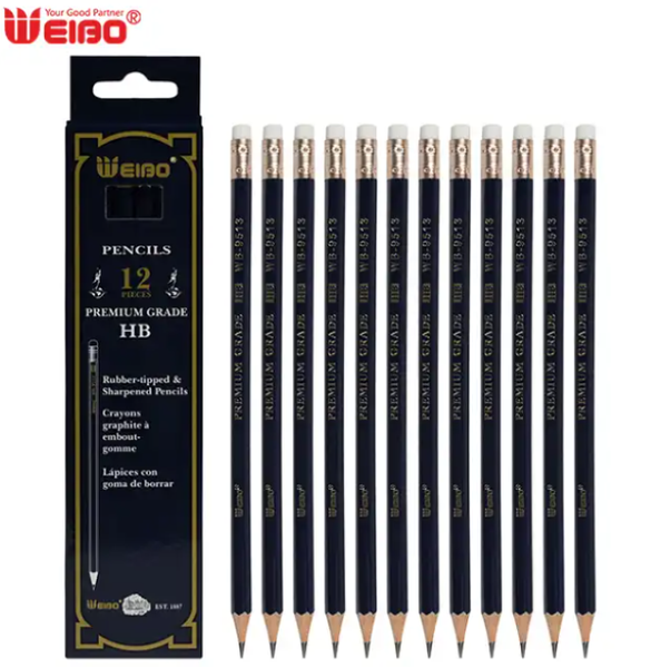 Weibo HB Wood Cased Graphite School Pencils, Pack of 12 with Sharpener