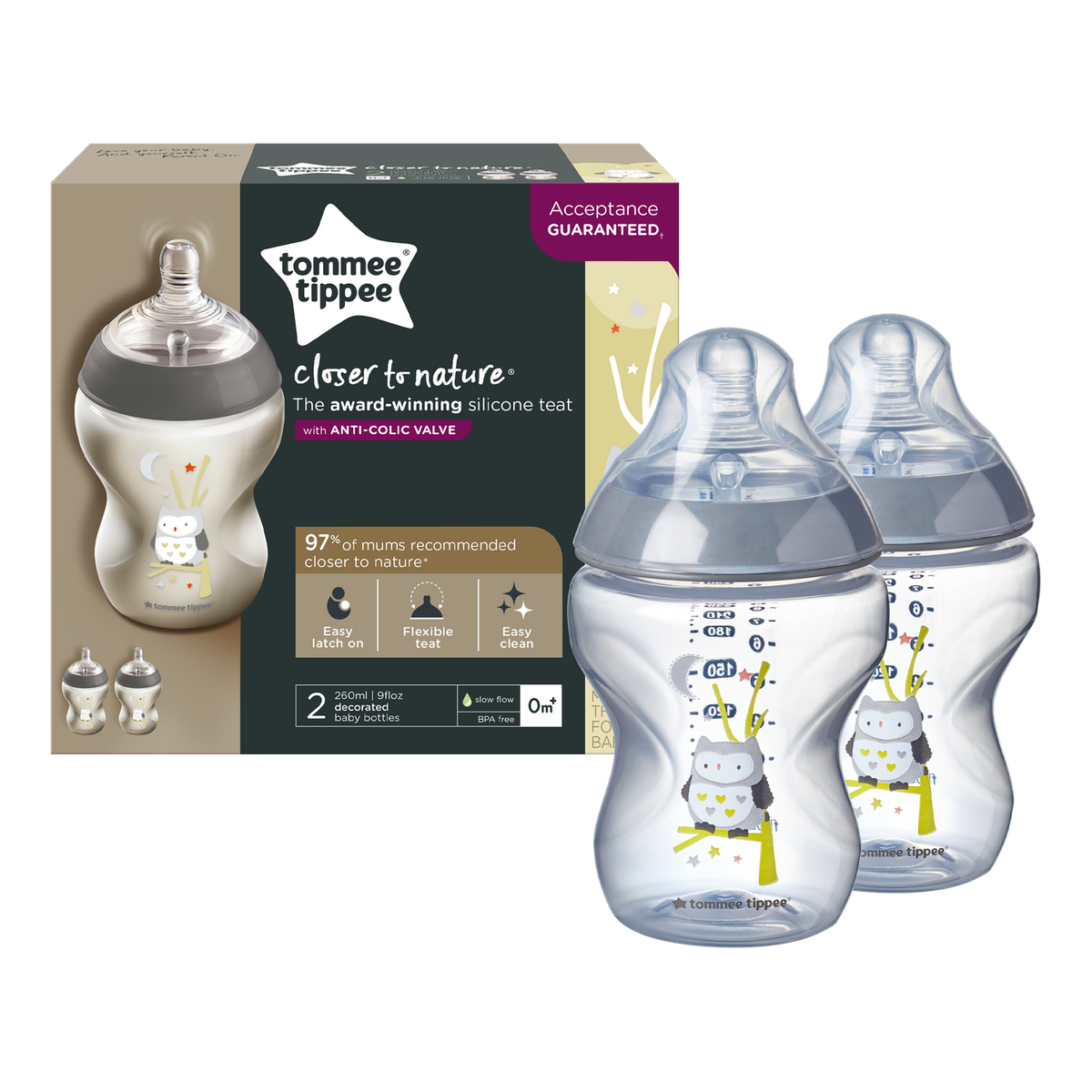 Tommee Tippee Closer to Nature 260ml Bottles Decorated Owl 2 Pack