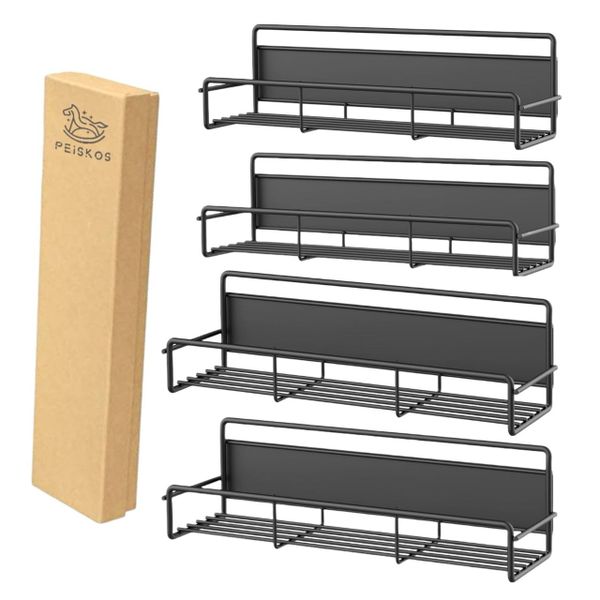 PEISKOS 4Piece Magnetic Nail-Free Spice Rack for Fridge Magnet Organizer