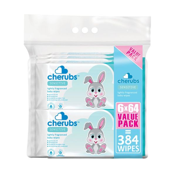 Cherubs Baby Wipes Sensitive Lightly Fragranced 6 Pack - 384 Wipes