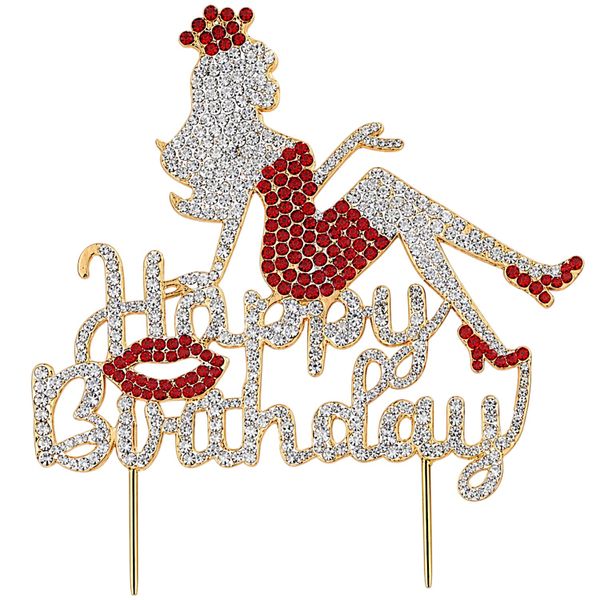 Elegant Rhinestone Queen - Happy Birthday Cake Topper - Red And Silver