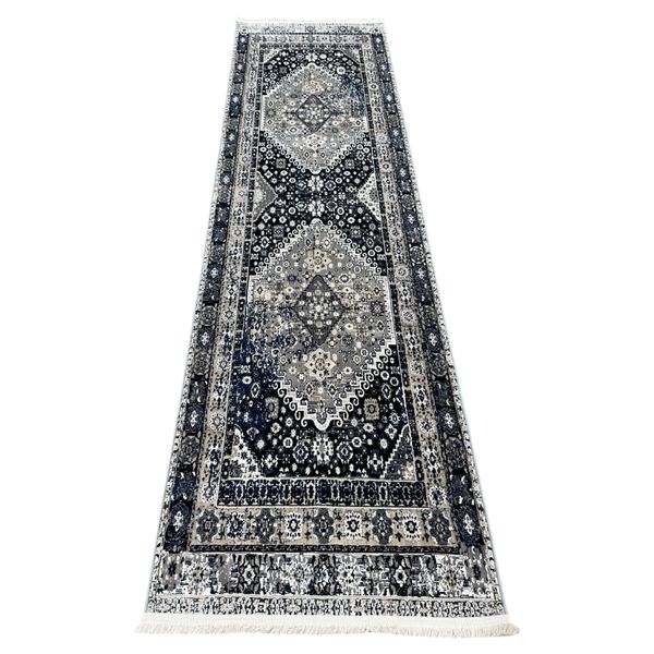 Grey/Blue Beautiful Vintage Geometric Design Runner Rug - 300 x 80 cm