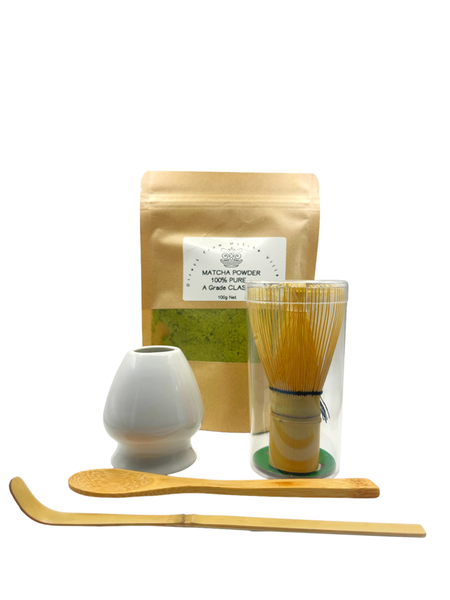 Matcha Green Tea and Bamboo Whisk Stand Set White