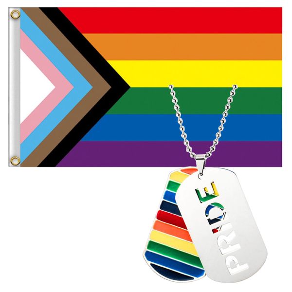 Decor Rainbow LQBTQ All Inclusive Pride Flag &amp; Pride Dog Tag Necklace Pride