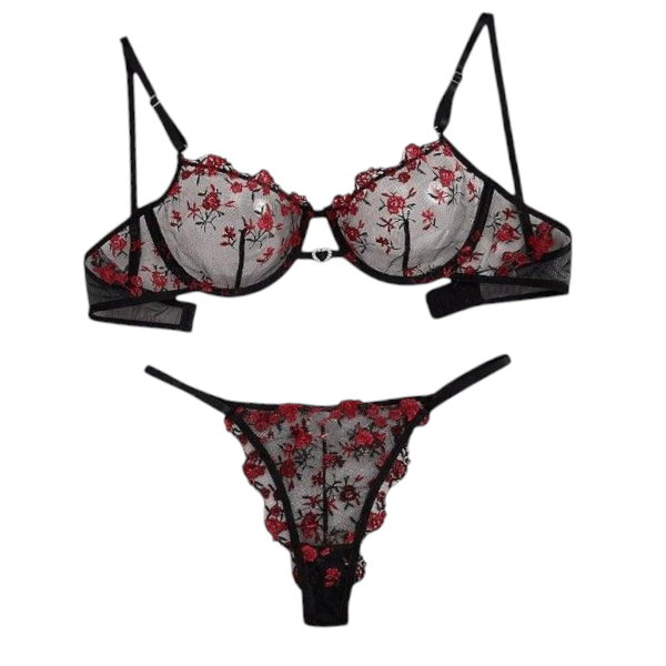 Heart Shaped Rhinestone Embroidered Lingerie Set -Medium - Black