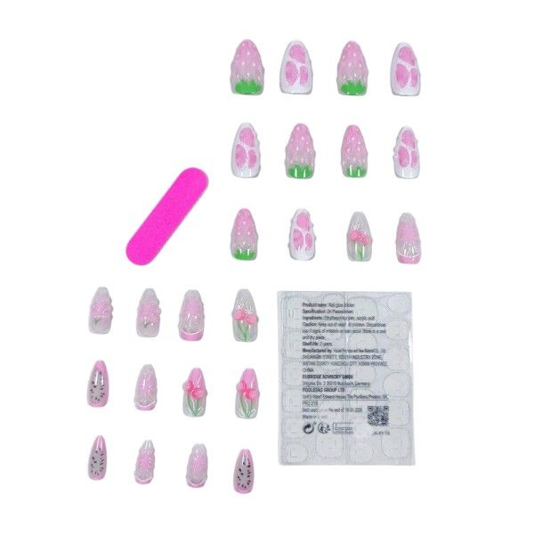 24 Piece - 3D Floral Almond Shaped Press On Nails Set - Multi Colour