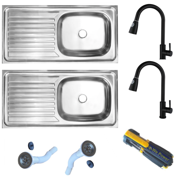 Sink Single Two Non-Drop In Sinks &amp; 2 Black Pull-Out Taps &amp; Screwdriver