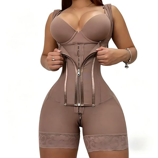 Thin Strap Hook-And-Zip Waist- And Abdomen-Shaping One-Piece Body Shaper
