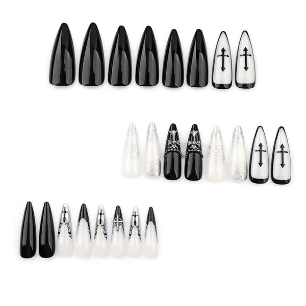 Black and white dark almond-shaped nail sticker 3D design