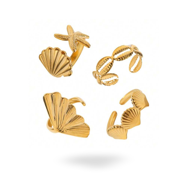 Minimalist Design - Ocean Ring Set - Adjustable Gold Rings - 4 Piece Set