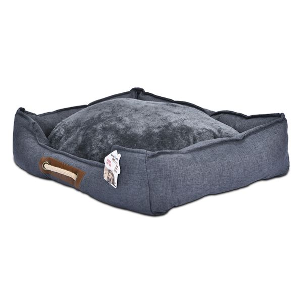 Pet Bed for Dogs &amp; Cats - Imitation Linen Fabric, Anti-Slip Base - Grey