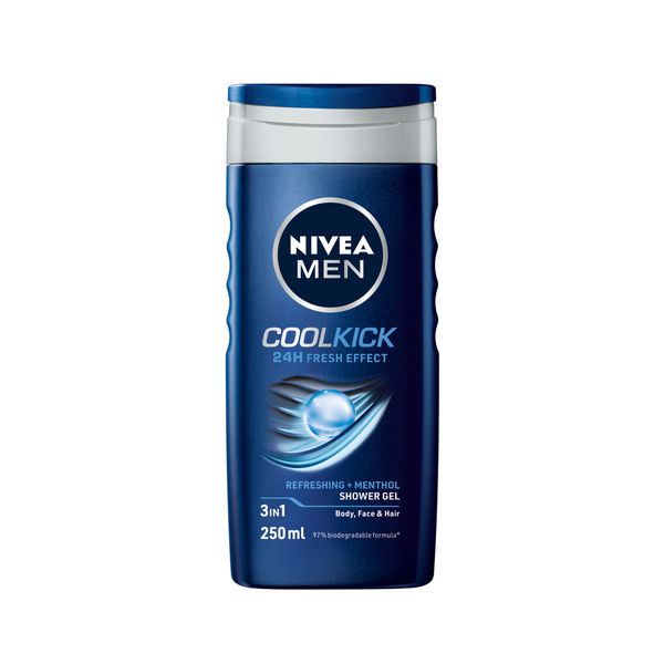 NIVEA MEN Cool Kick 3in1 Shower Gel Wash with Refreshing Menthol, 250ml