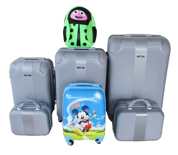 5-Piece Silver ABS Luggage Set with Mickey Mouse Kids Case &amp; Ladybug Bag