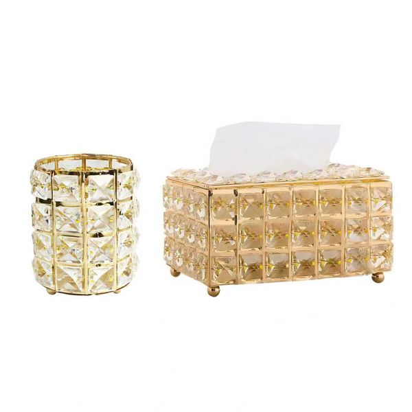 Exquisite Metal Crystal Tissue Box &amp; Cosmetic Brush Tool Holder Set