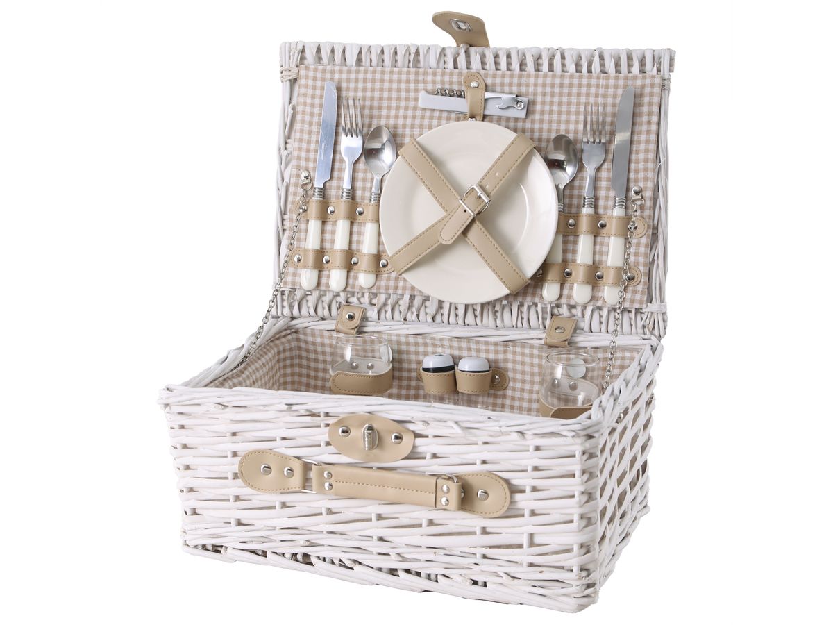 Two Person White Wicker Picnic Basket set with utensils Shop Today