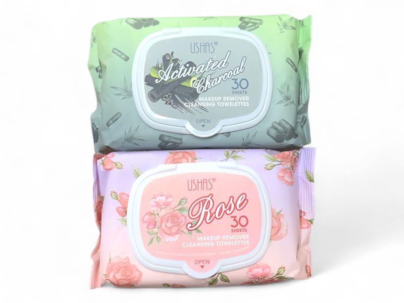 Set of 2 - Ushas Charcoal and Rose Makeup Remover Micellar Cleansing Wipes