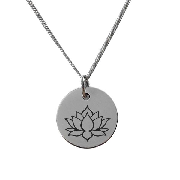 Lotus Flower Necklace with Just Breathe Engraved on the Back