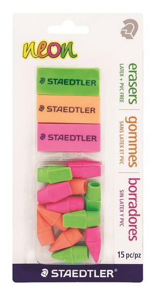 Staedtler Neon Erasers x 3 and Neon Pencil cap Erasers x 12 on Blister Card