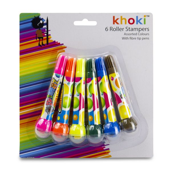 Khoki - Art &amp; Craft - Fibre Tip Rollerstamp Pens - Assorted Colours 6 Piece