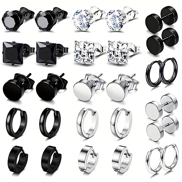 Men's Stud Earrings, Stainless Steel Black Stud Earrings Set - 14 Pairs