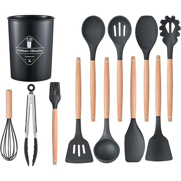 Cooking Utensil Set of 12 with Holder Silicone Kitchen Utensil Wood Handle