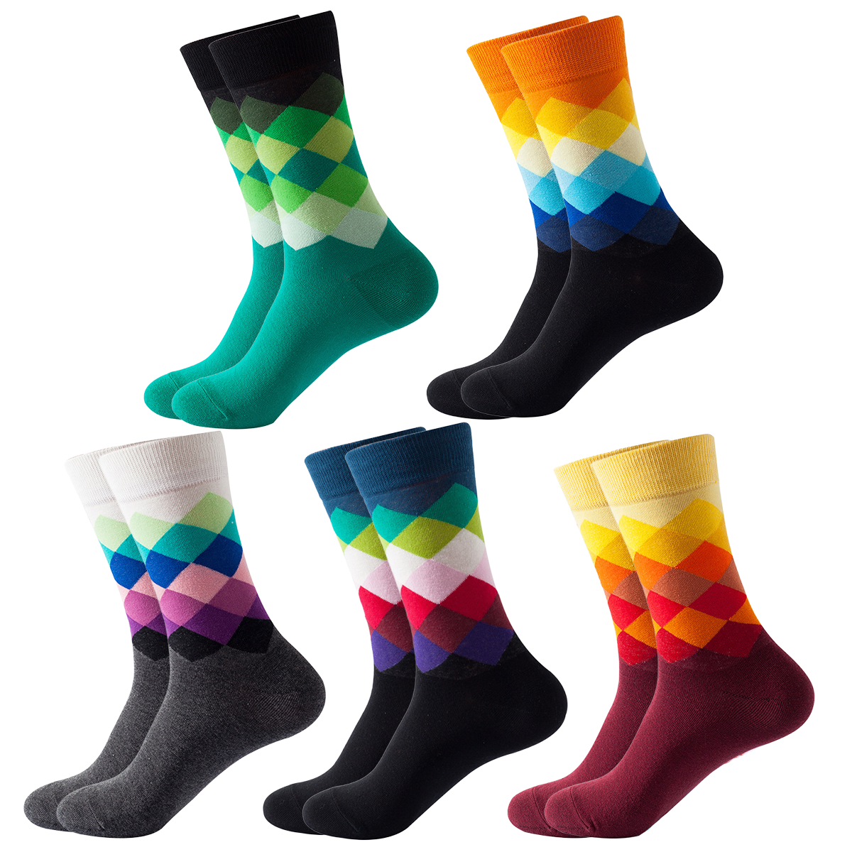 5 Pairs Men's Mid-Calf Socks Rhombus Pattern Casual Color Block Warm ...