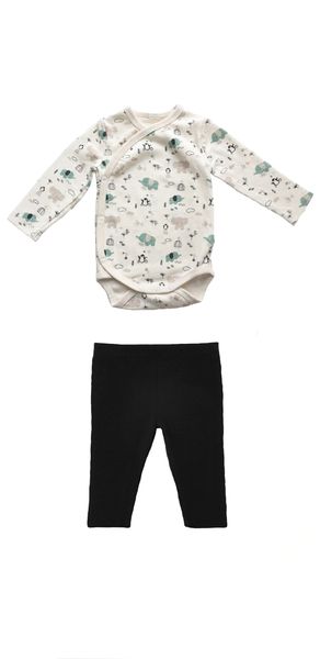 Newborn Cross-over Onesie With Gathered Details and Black Leggings