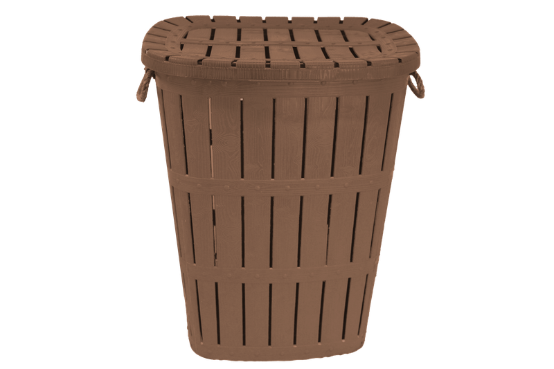 62L Brown Laundry Basket with Rope Handles and Hinged Lid - Wooden Texture