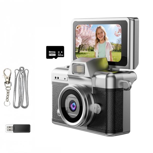 Mini Digital Camera, 48MP 1080P Flip Screen, Dual Colours with 32GB Card