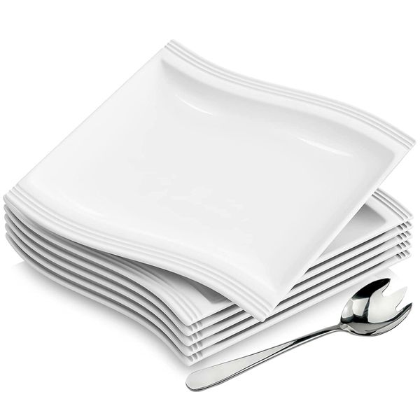 10 Inch - Modern Porcelain Dinner Plates Including Meat Fork - 7 Piece