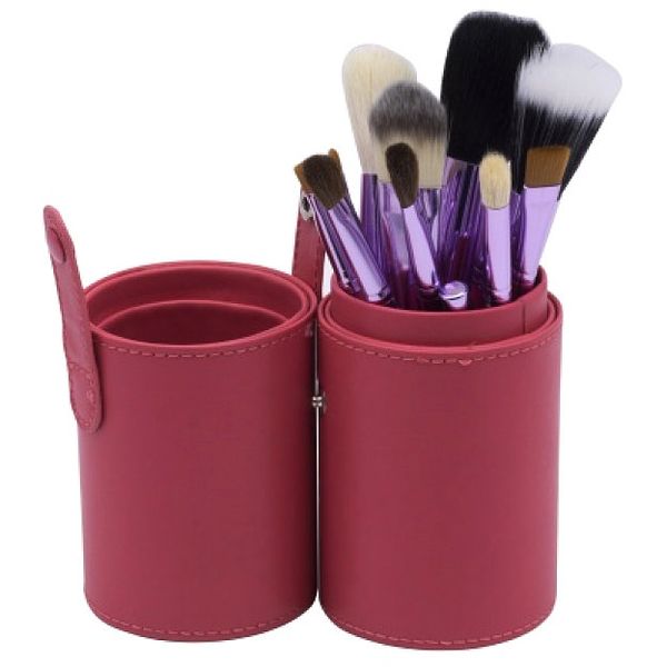 Makeup Brush Set with Brush Holder Pot - Maroon - 12 Piece