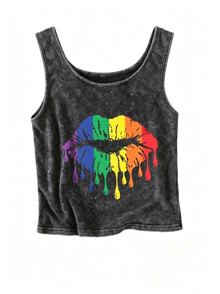 Women's Black 62% Cotton Spaghetti-Strap Tank Top with Front Lip Print
