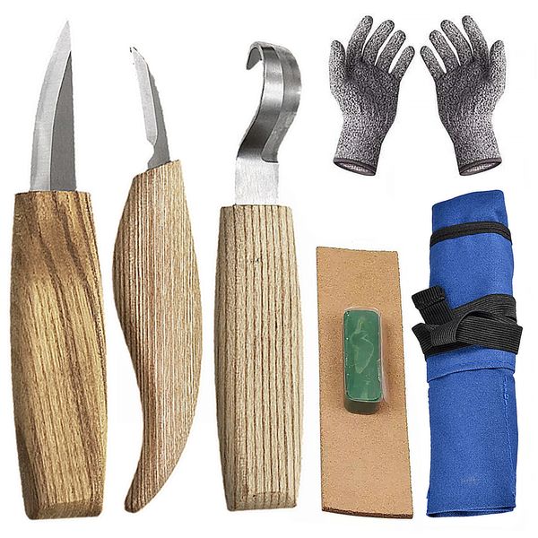 Wood Carving Tool Kit with Leather Strop for Whittling Sculpting - 6 Piece