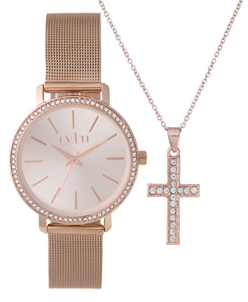 Rosegold Case, dial, Rosegold Mesh Band, Rosegold Cross necklace - Set