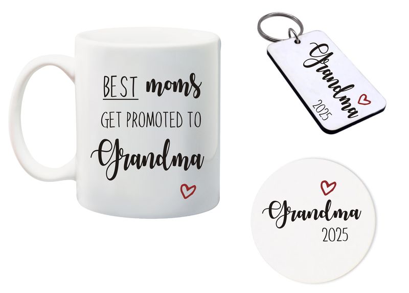 Best Mom's get promoted to Grandma Mug, Glass Coaster&amp;keyring gift Combo