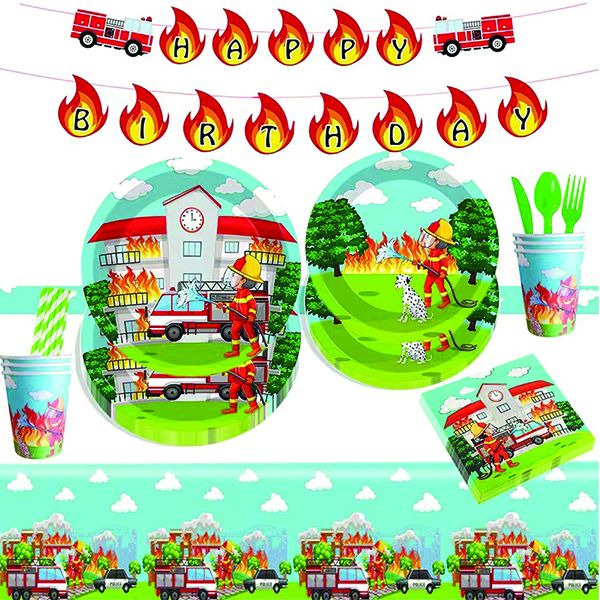 Fire Truck Set 92pcs Disposable Plates Cups Napkins Tablecloth