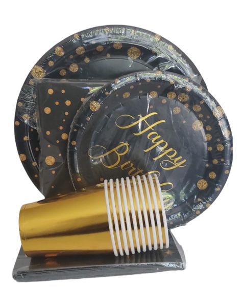 Happy Birthday Black and Glod Party Set -10 invites